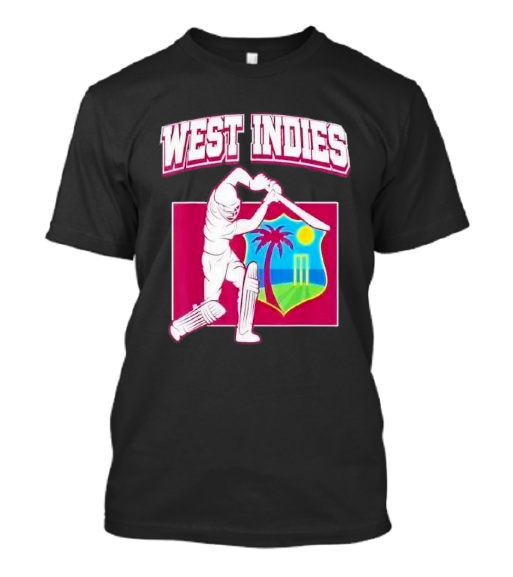 West Indies Cricket Windies Logo Batsman Palm Tree Stumps Sun Crest T-Shirt