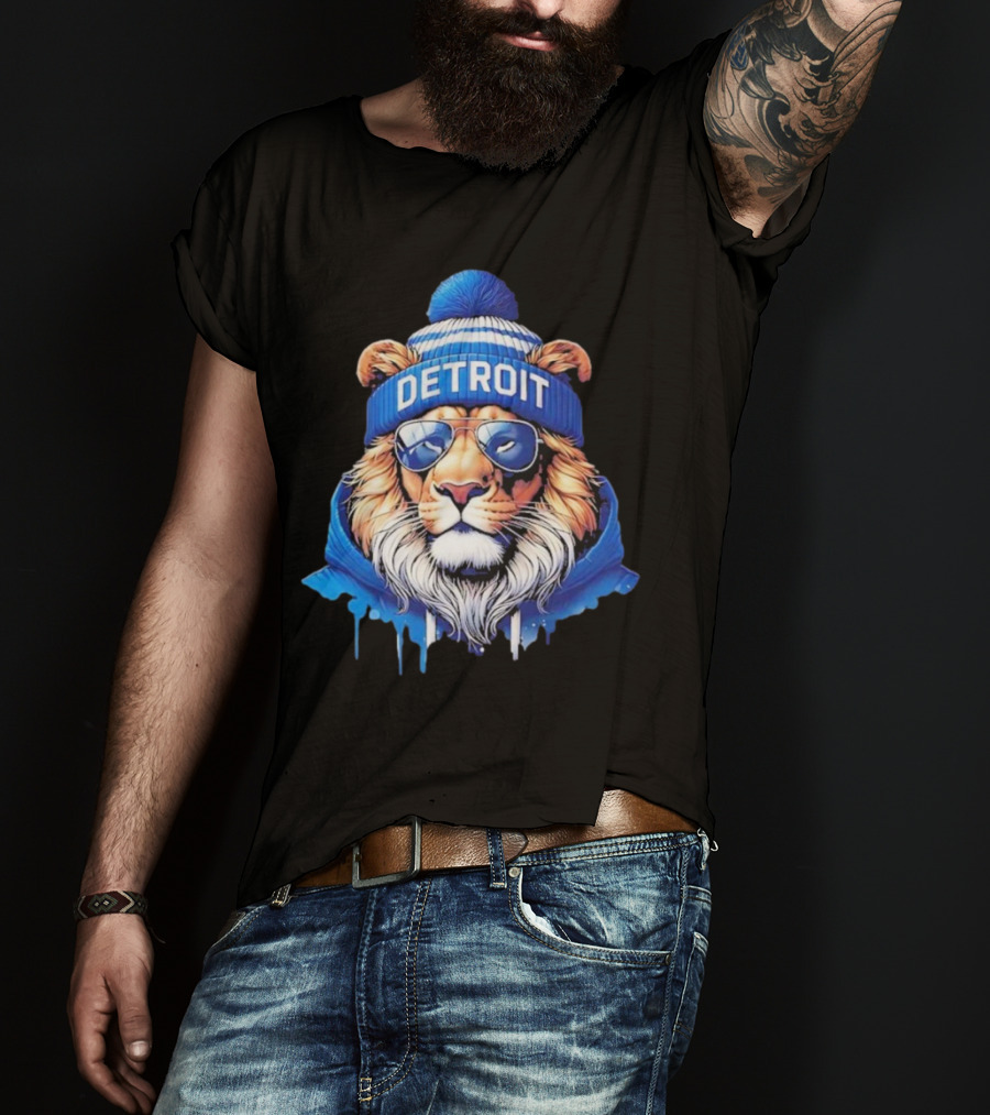 Detroit Lions Football 2025 New Season Cool Lion In Blue Beanie And Shades T-Shirt