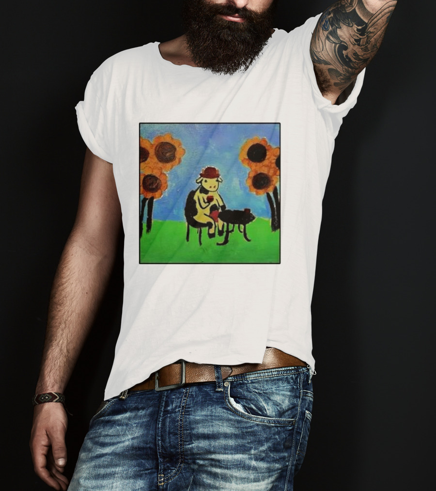 Cow Painting With Sunflowers And Tea Party Scene T-Shirt