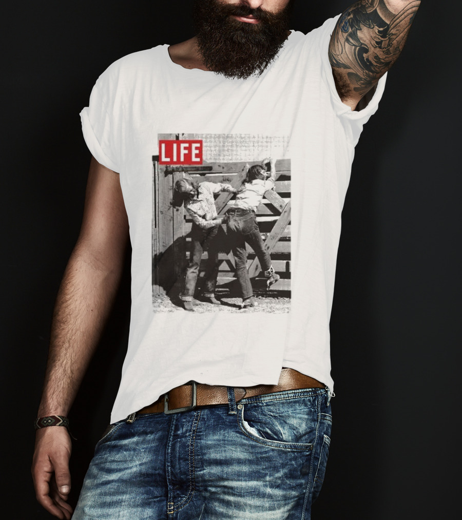 Life Magazine Cowboy Boys Playful Dust Off Fence Scene T-Shirt