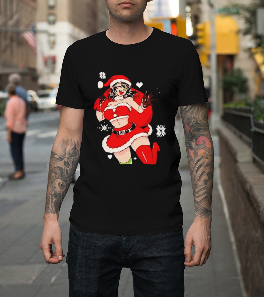 Supps Waifu Uwu Ugly Christmas Santa Anime Girl in Red Outfit with Snowflakes and Hearts T-Shirt