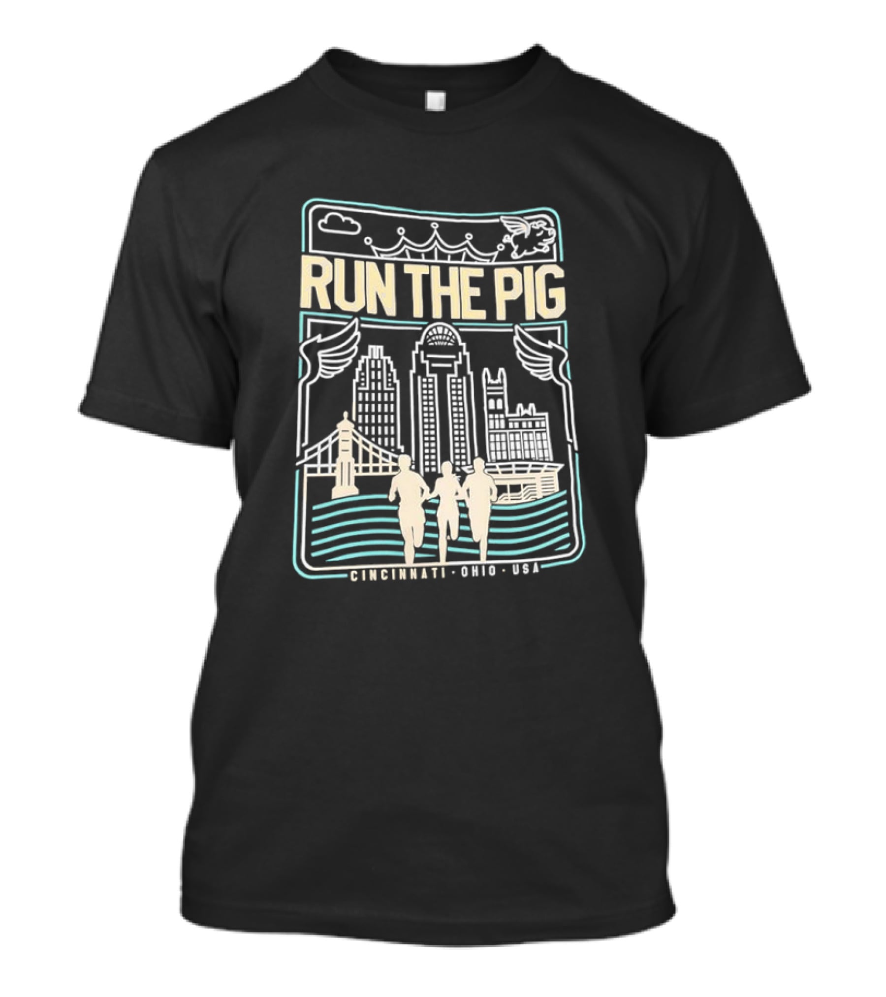 RUN THE PIG Skyline And Runners Cincinnati Ohio USA T-Shirt