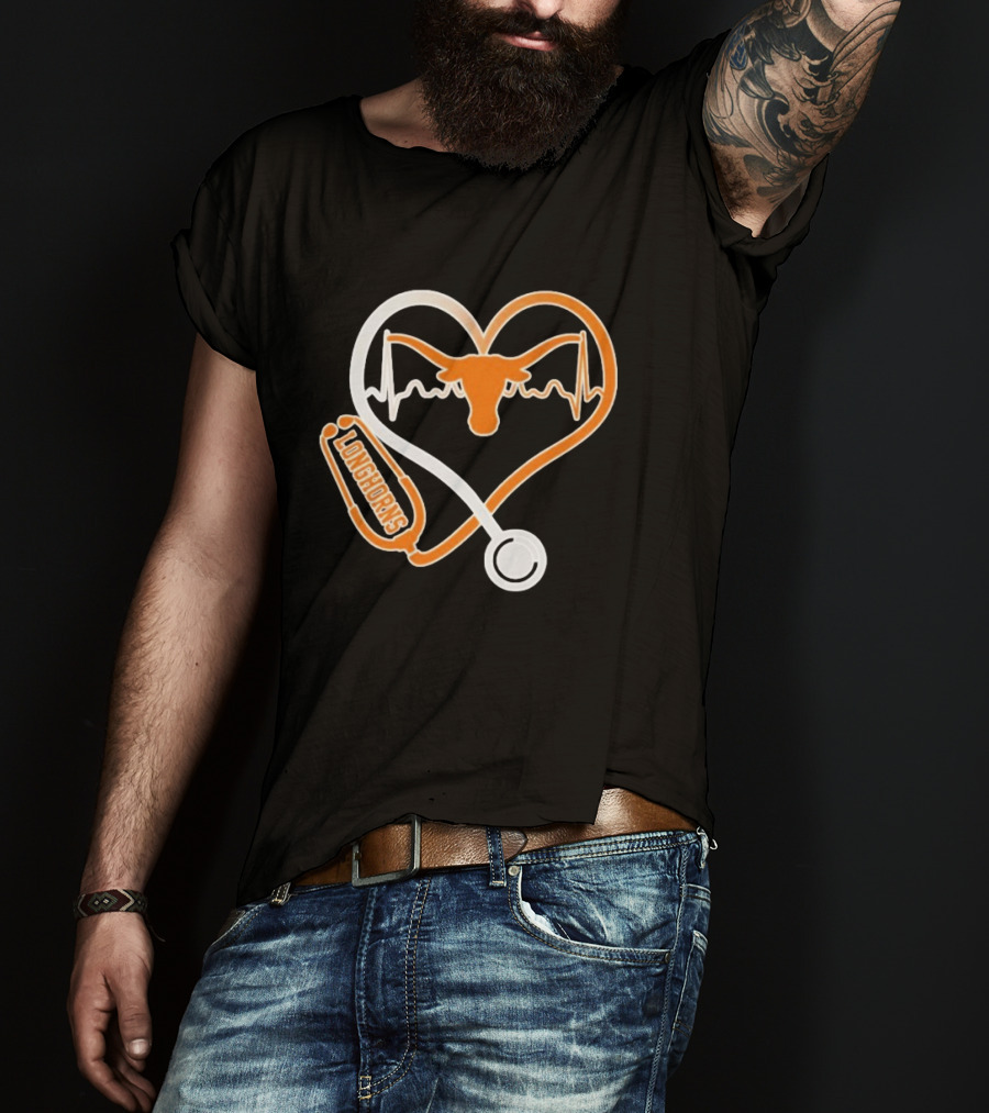 Texas Longhorns Caring Hearts Nurse Stethoscope Heartbeat T-Shirt