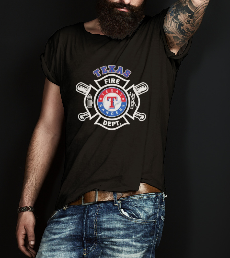 Texas Rangers Fire Dept Firefighters Maltese Cross Badge T-Shirt