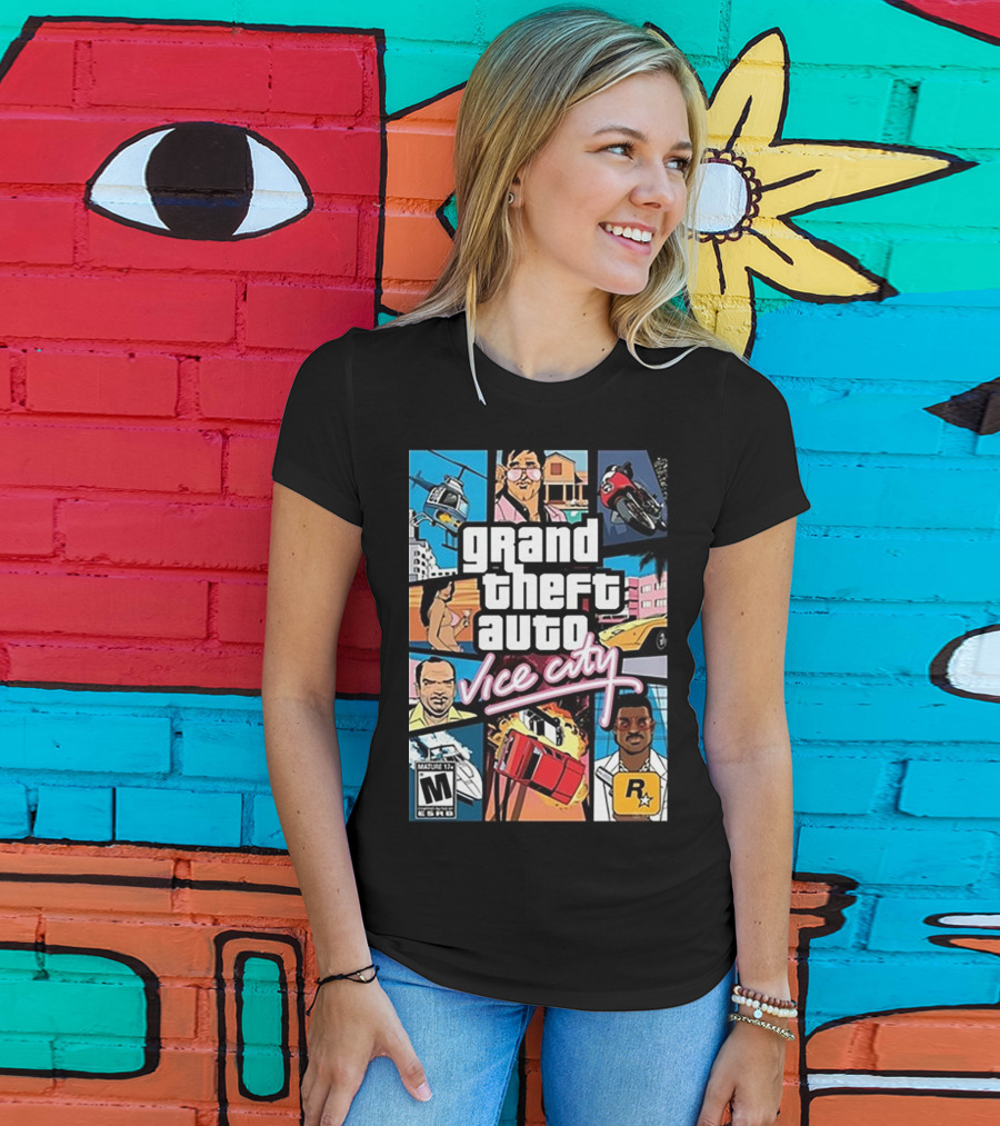 Grand Theft Auto Vice City Game Cover Art Helicopter Motorcycle Car Explosion R Star Logo T-Shirt