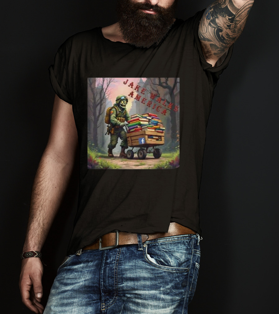 Zombie Soldier Pushing Book Cart Jake Walks America T-Shirt