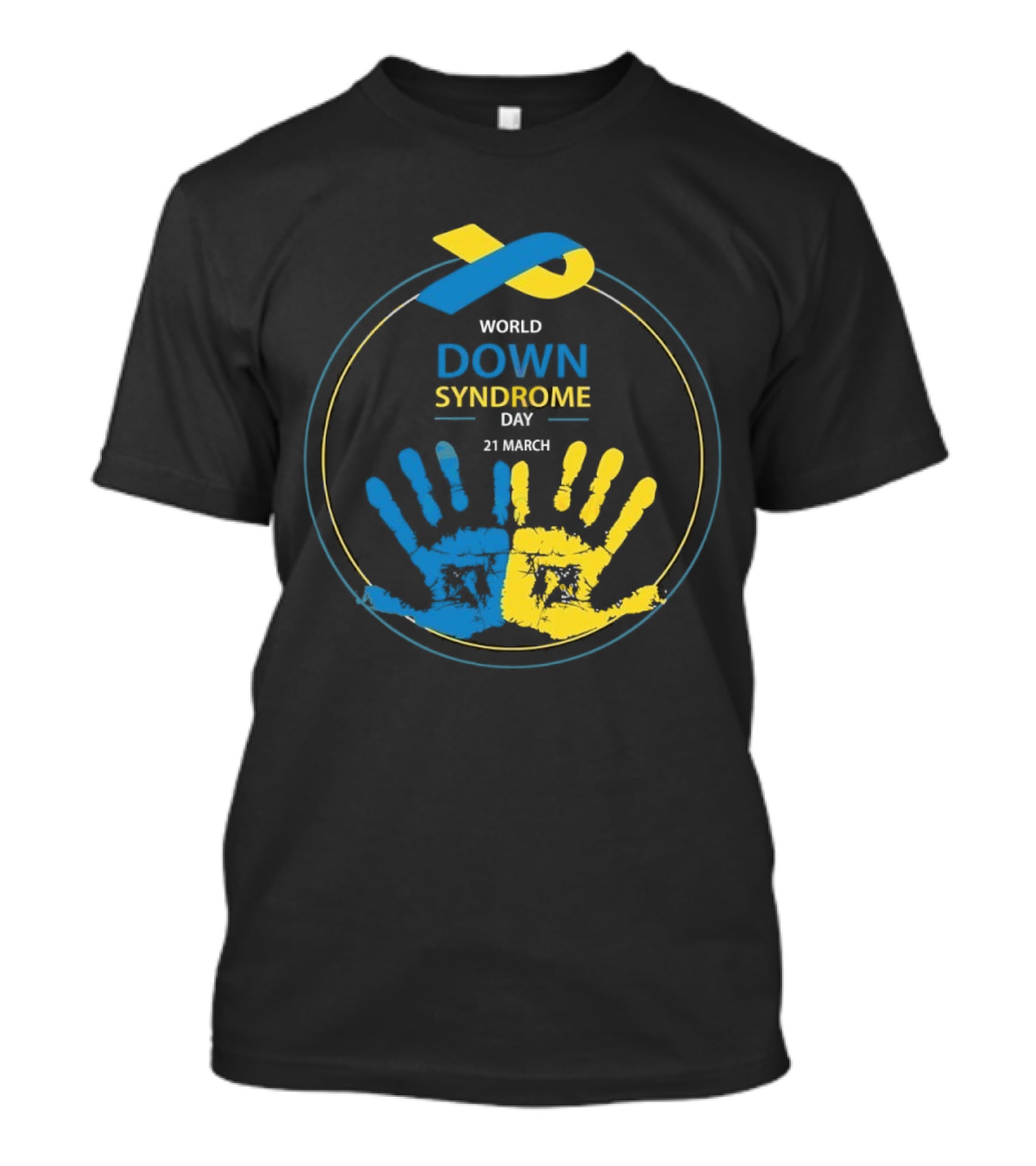 World Down Syndrome Day 21 March Blue Yellow Handprint Ribbon T-Shirt