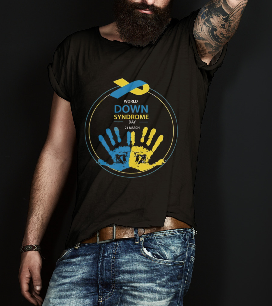 World Down Syndrome Day 21 March Blue Yellow Handprint Ribbon T-Shirt