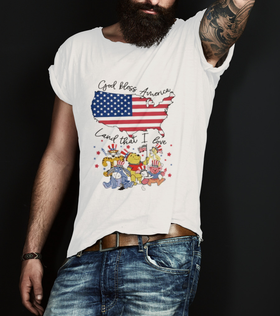 God Bless America Land That I Love Winnie The Pooh USA Flag T-Shirt