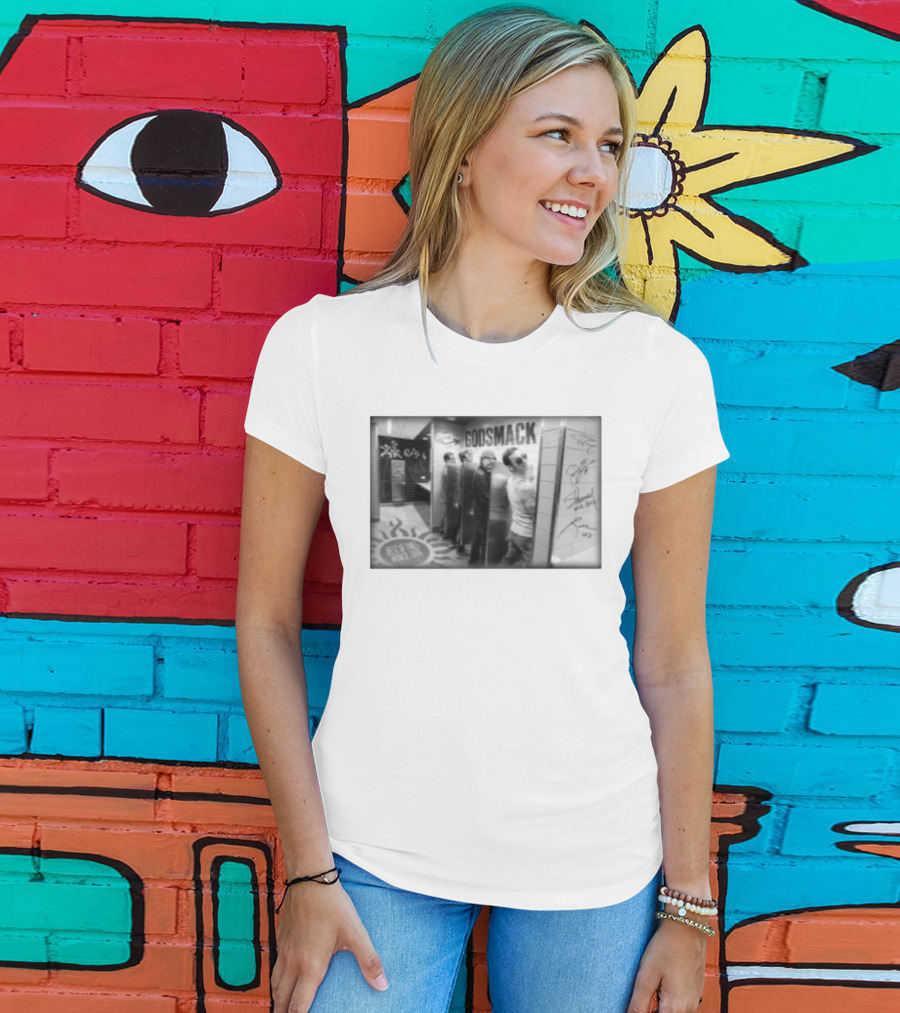 Godsmack Band Autographed Bathroom Photo With Guitar And Sun Symbol T-Shirt