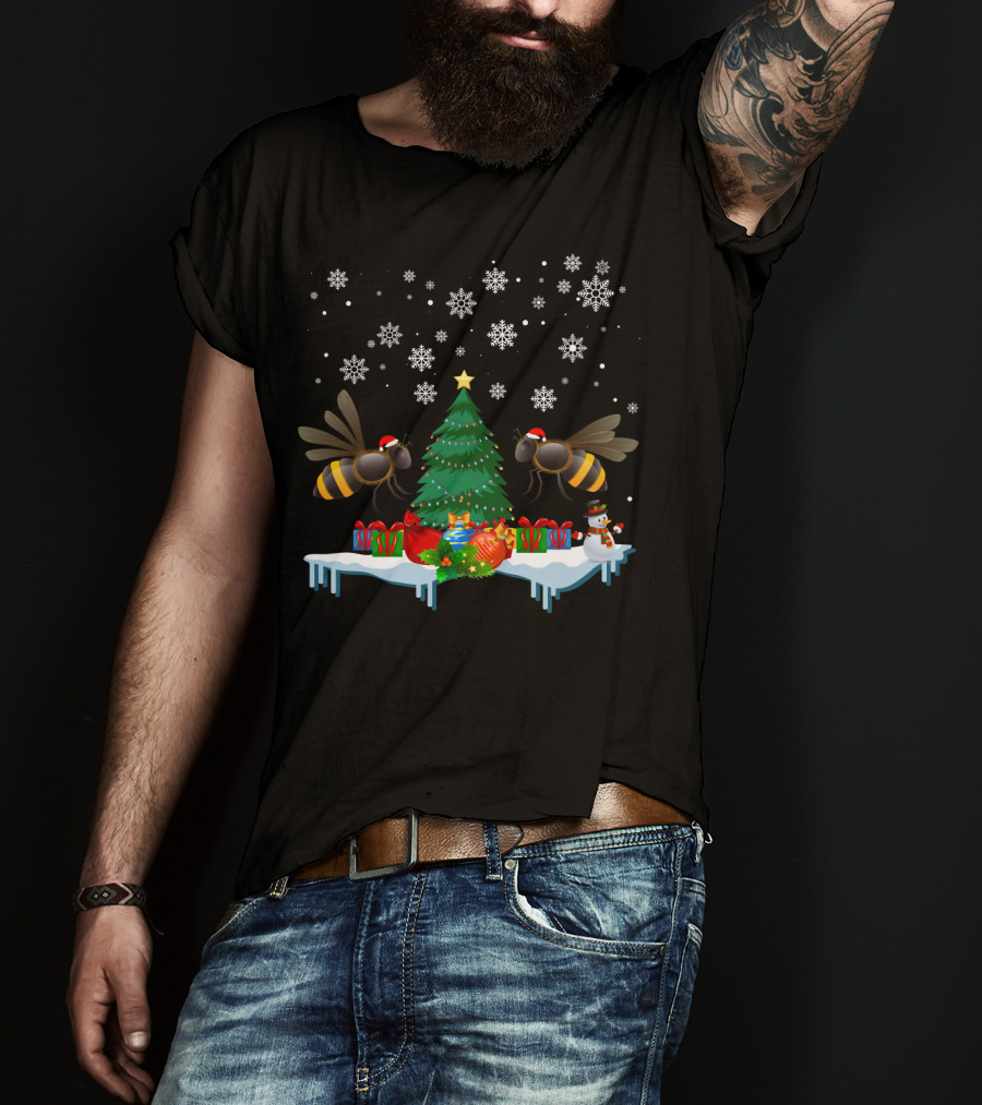 Bee Merry Christmas Tree Snowflakes Holiday Bees Santa Hats T-Shirt
