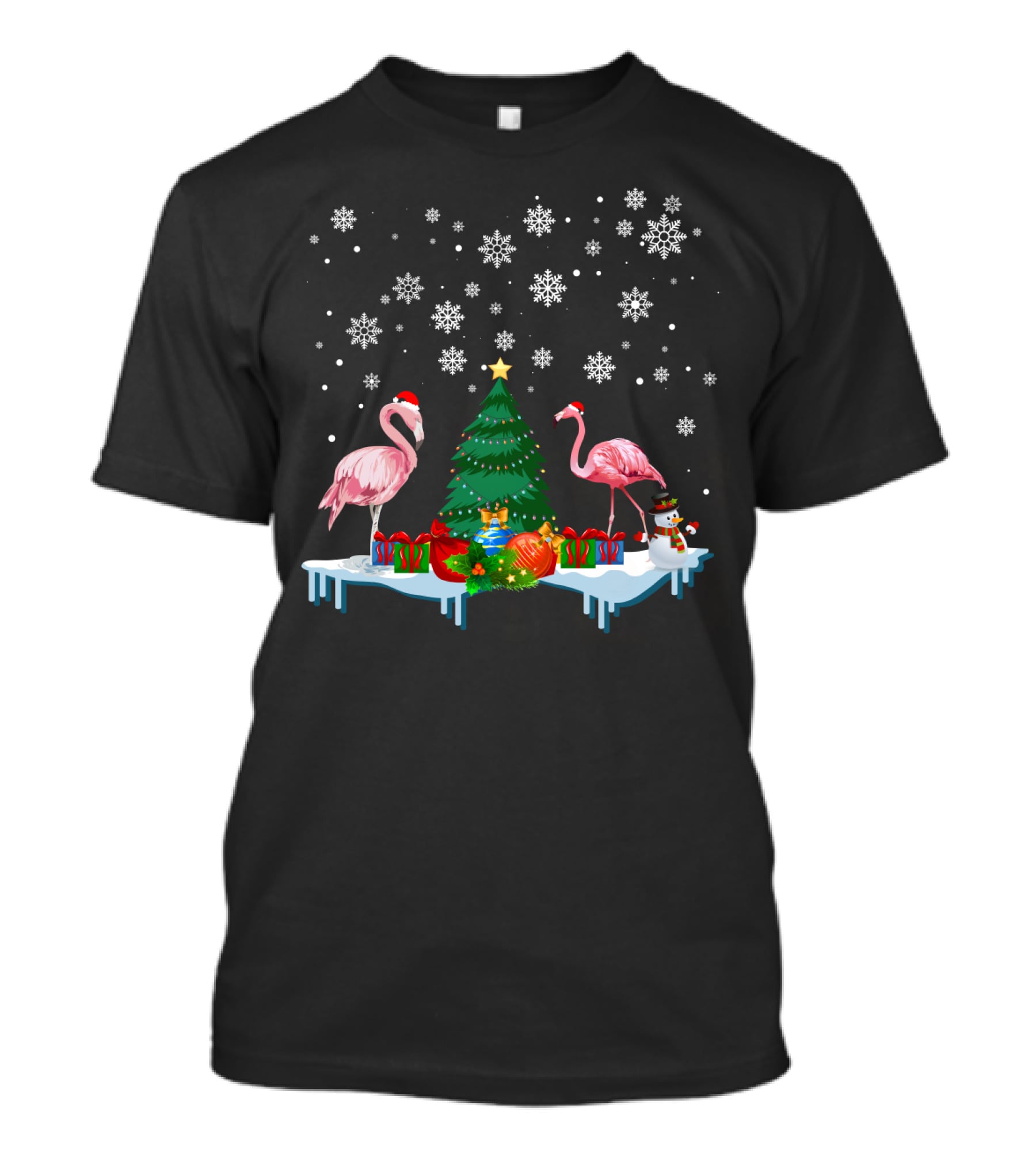 Flamingo Merry Snowflakes Christmas Tree And Santa Hat T-Shirt
