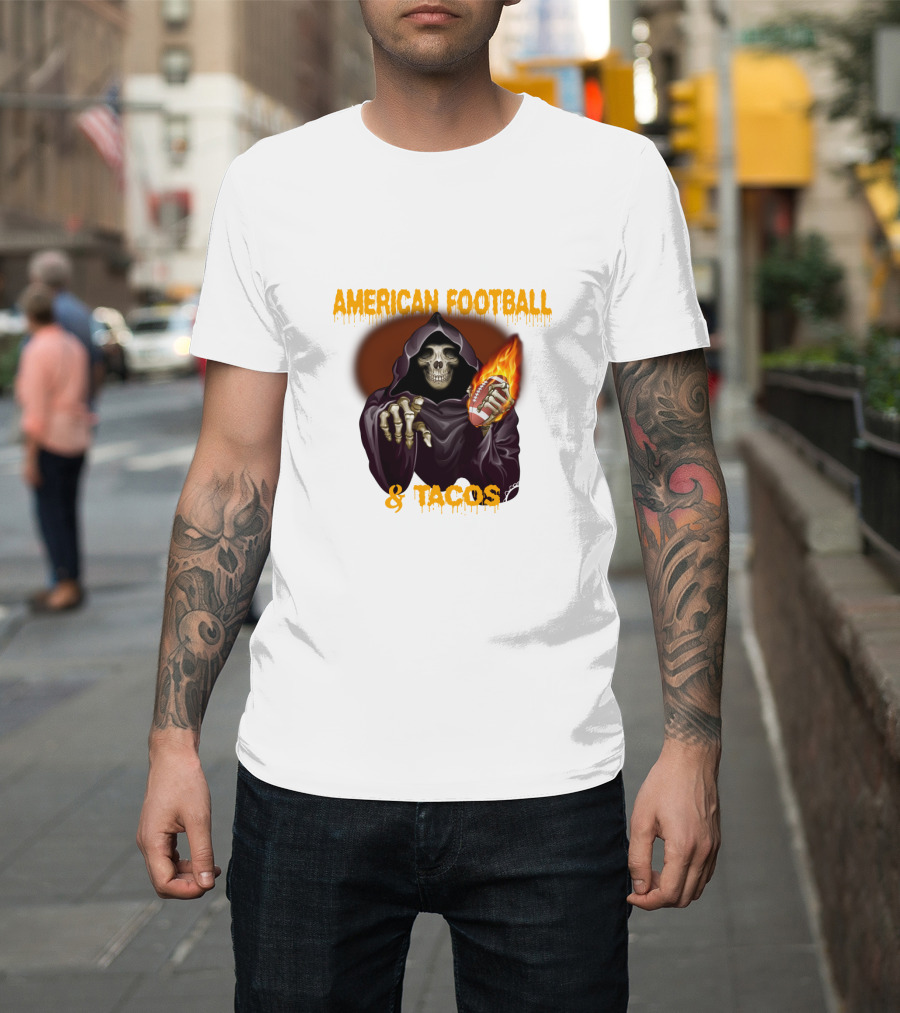 American Football And Tacos Skeleton Holding Flaming Football T-Shirt
