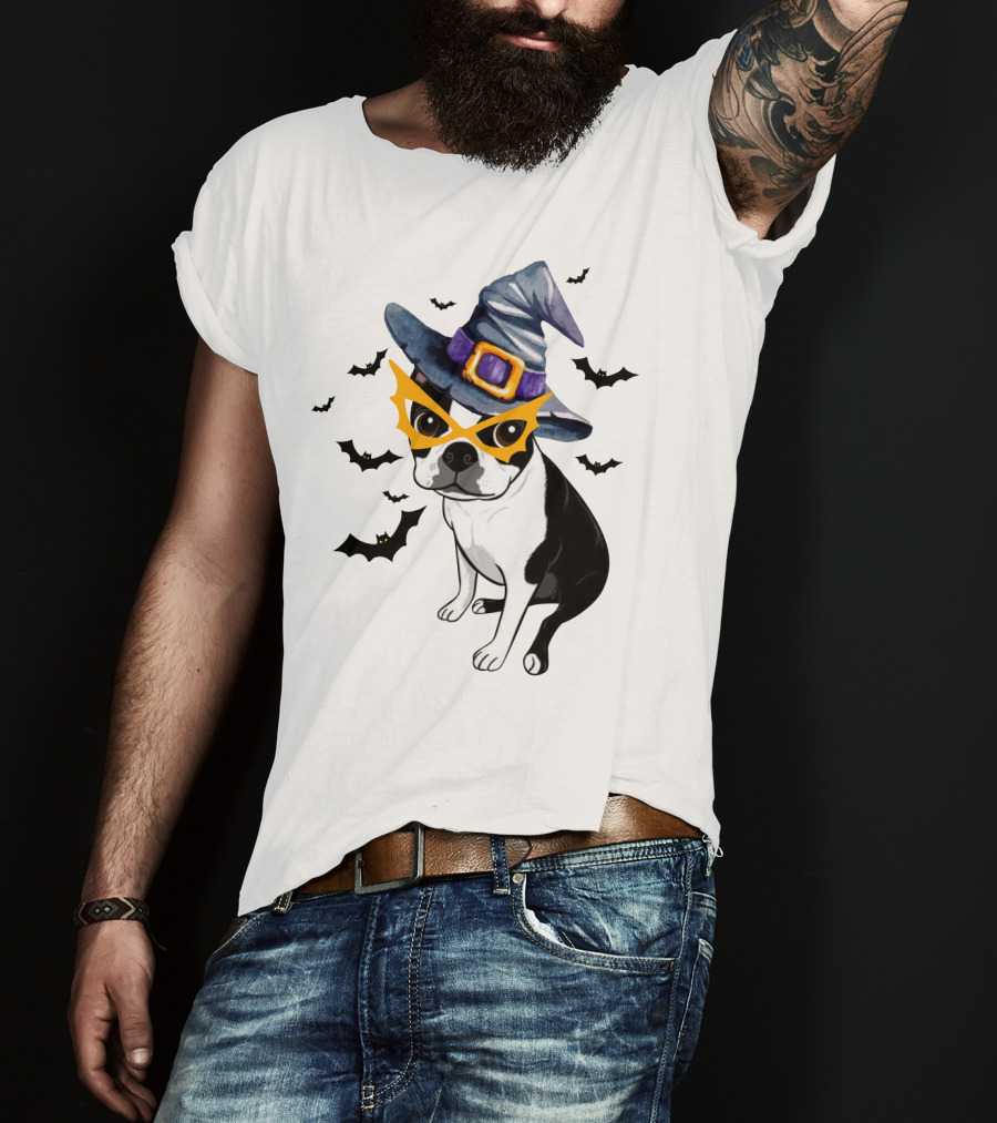 Boston Terrier Wears Witch Hat And Mask With Bats T-Shirt