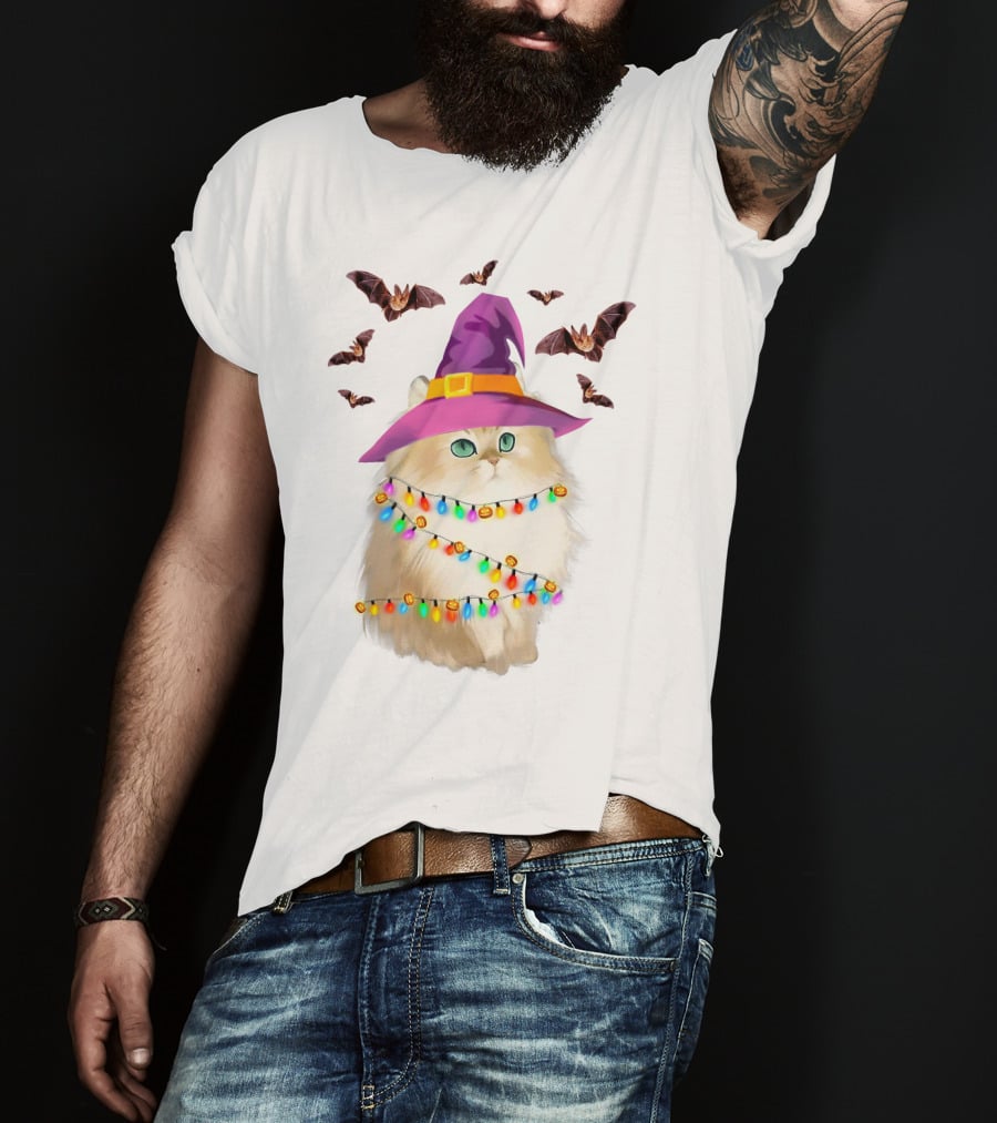 Fluffy Cat In Witch Hat With Halloween Bats And Colorful Christmas Lights T-Shirt