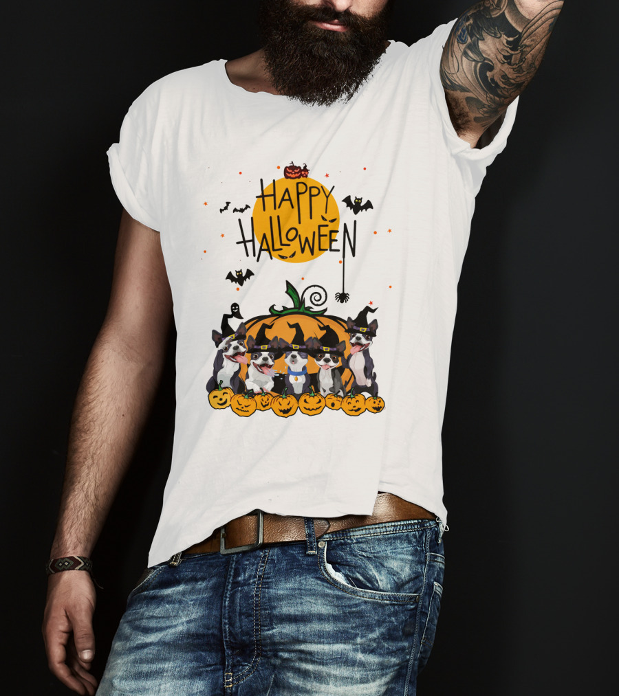 Happy Halloween Boston Terrier Pumpkin Bat T-Shirt