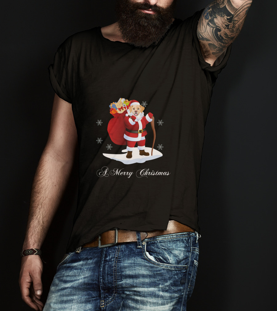 Golden Retriever Santa With Sack Of Gifts And Snowflakes A Merry Christmas T-Shirt