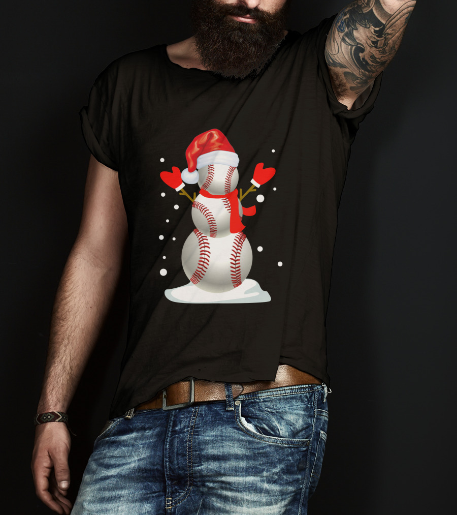 Baseball-Themed Snowman With Santa Hat And Mittens Winter Holiday T-Shirt