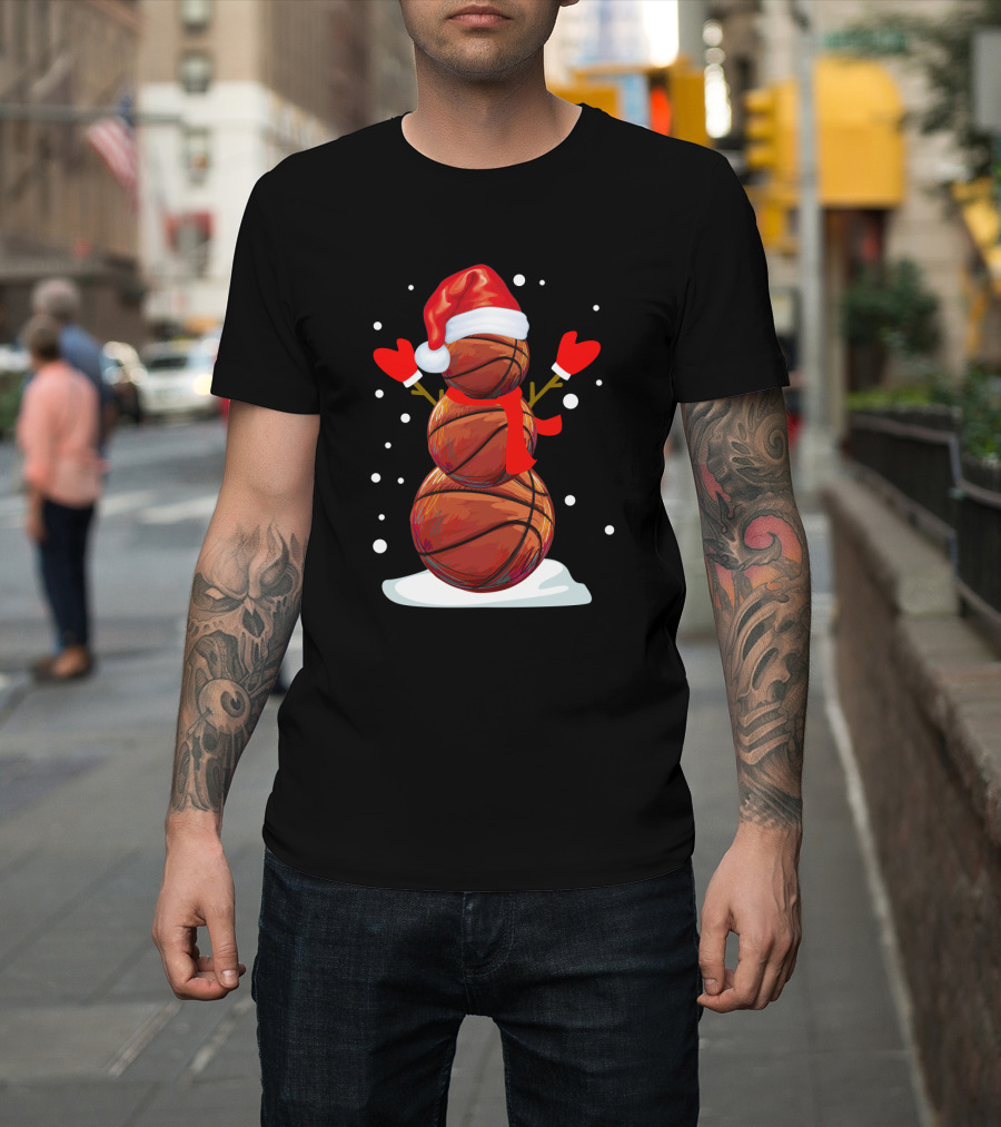 Basketball Snowman With Santa Hat And Red Mittens T-Shirt