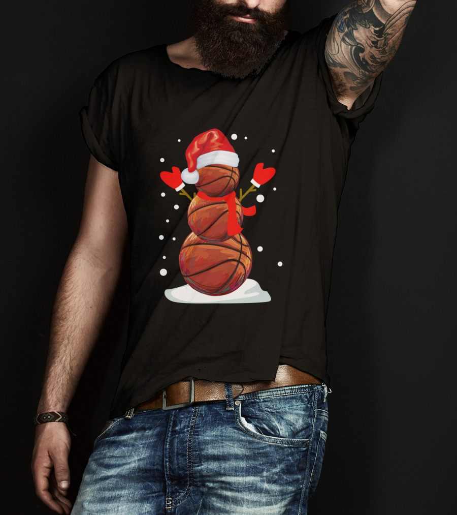 Basketball Snowman With Santa Hat And Red Mittens T-Shirt