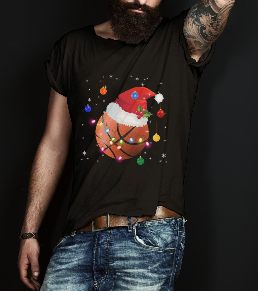 Santa Hat Basketball With Christmas Lights And Ornaments T-Shirt