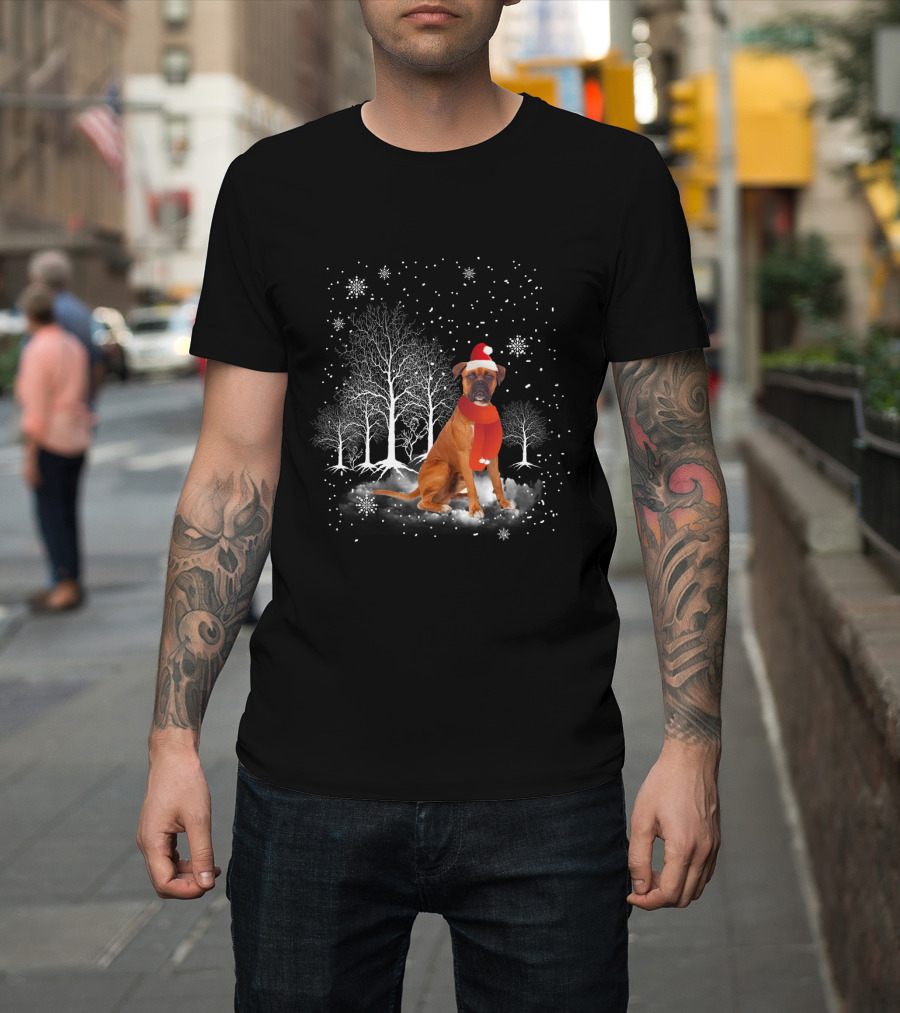 Boxer Dog With Santa Hat And Scarf In Snowy Winter Wonderland Scene T-Shirt