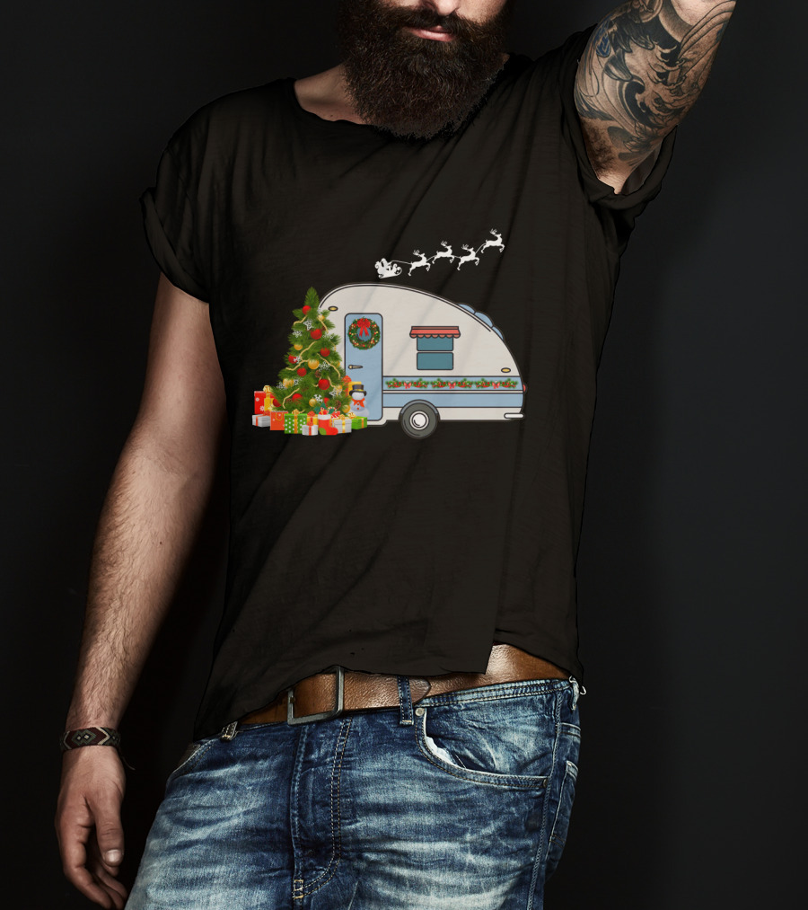Camper Van With Christmas Tree, Snowman, Presents, And Santa Sleigh T-Shirt