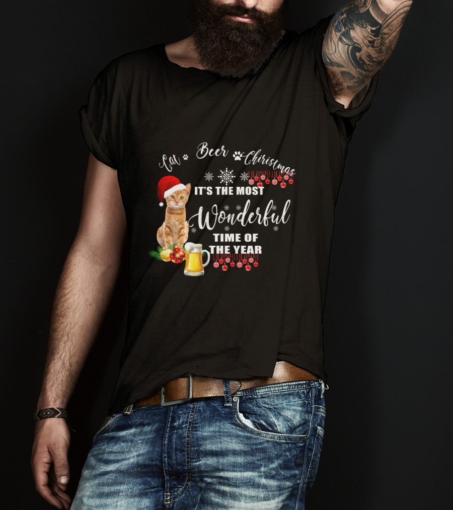 Cat Beer Christmas It's The Most Wonderful Time Of The Year Snowflakes Santa Hat T-Shirt