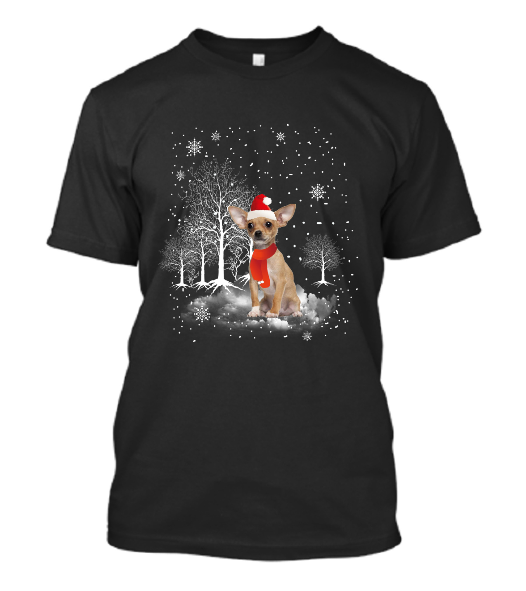Chihuahua In Santa Hat With Snowflakes And Trees In Winter Wonderland T-Shirt