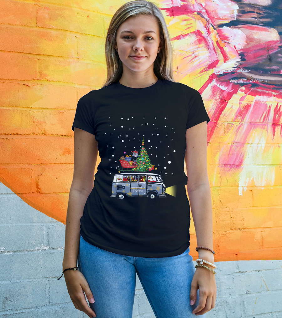 Christmas Express Van With Christmas Tree And Santa In Snowy Scene T-Shirt