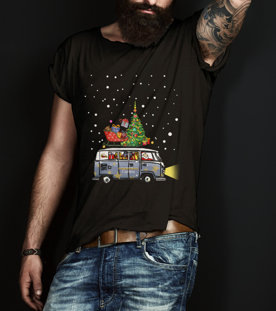 Christmas Express Van With Christmas Tree And Santa In Snowy Scene T-Shirt