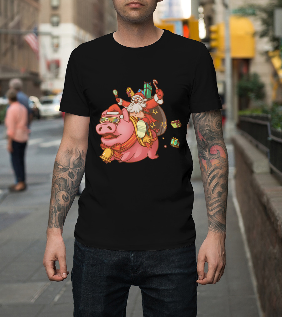 Santa Claus Riding Pig with Candy Canes and Christmas Gifts T-Shirt