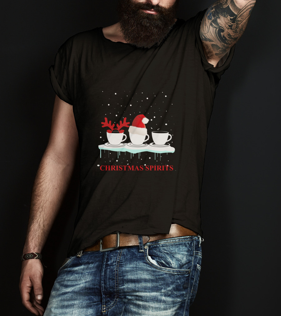 Christmas Spirits Coffee Cups Reindeer Antlers Santa Hat Snowflakes T-Shirt