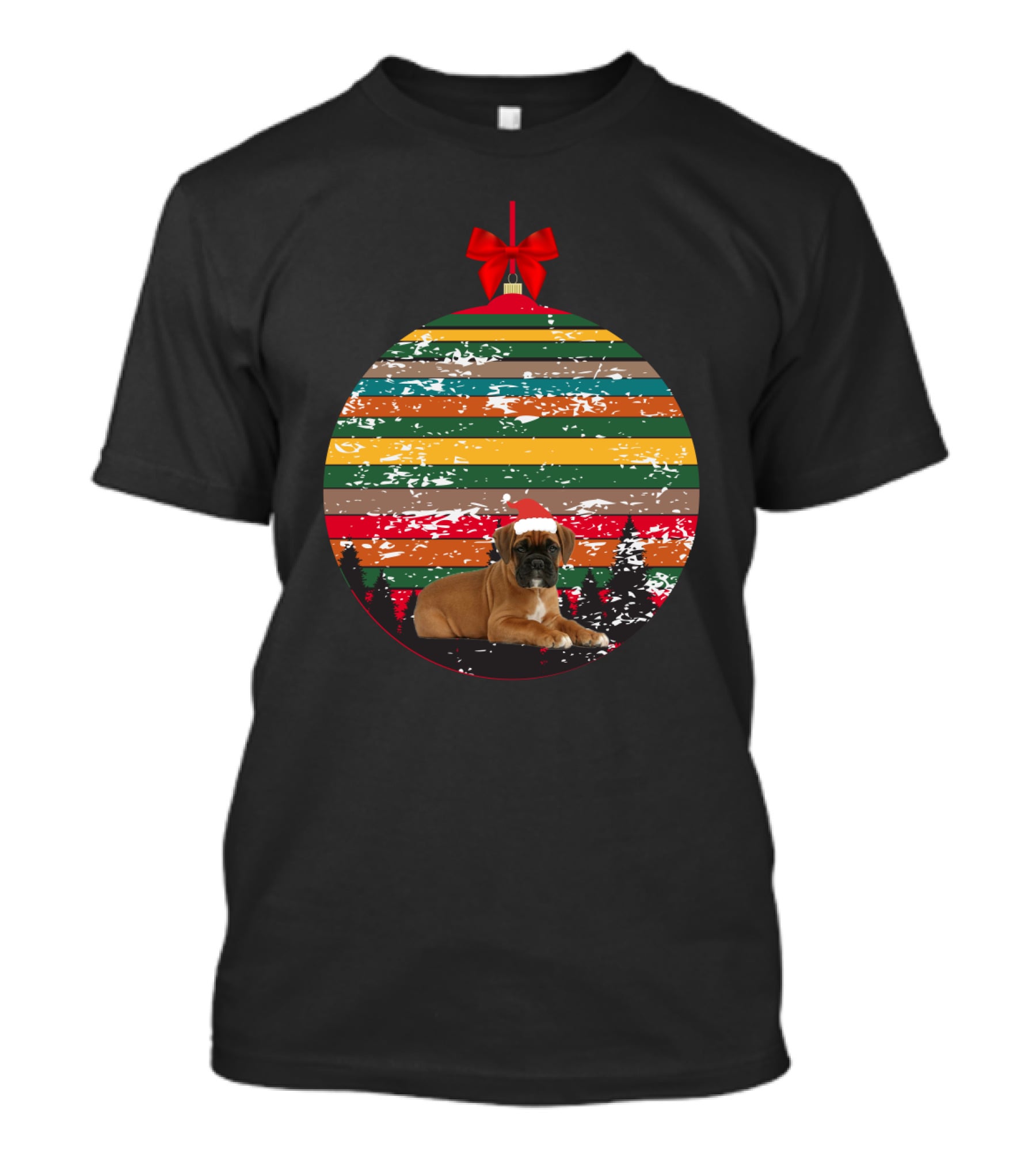 Christmas Vintage Boxer Puppy In Santa Hat Ornament With Stripes And Trees T-Shirt