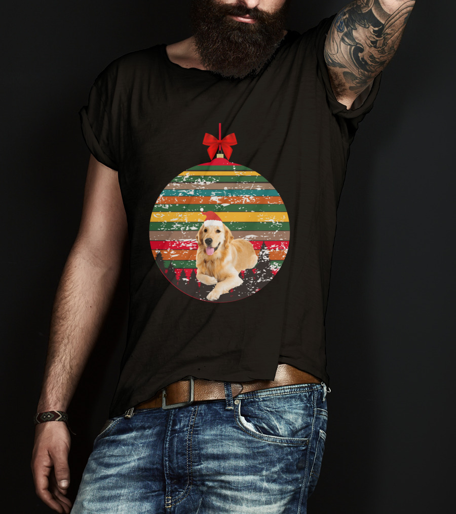 Christmas Vintage Golden Retriever Ornament With Santa Hat And Colorful Stripes T-Shirt