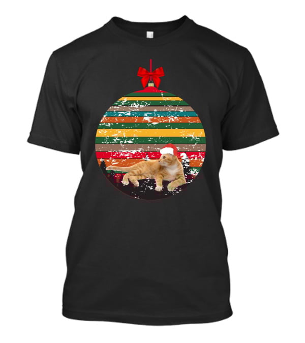 Christmas Vintagetees Cat In Santa Hat On Retro Striped Christmas T-Shirt