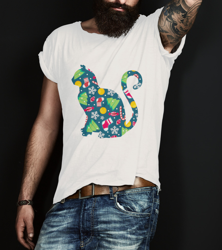 Christmas Cat Silhouette With Festive Trees And Ornaments T-Shirt