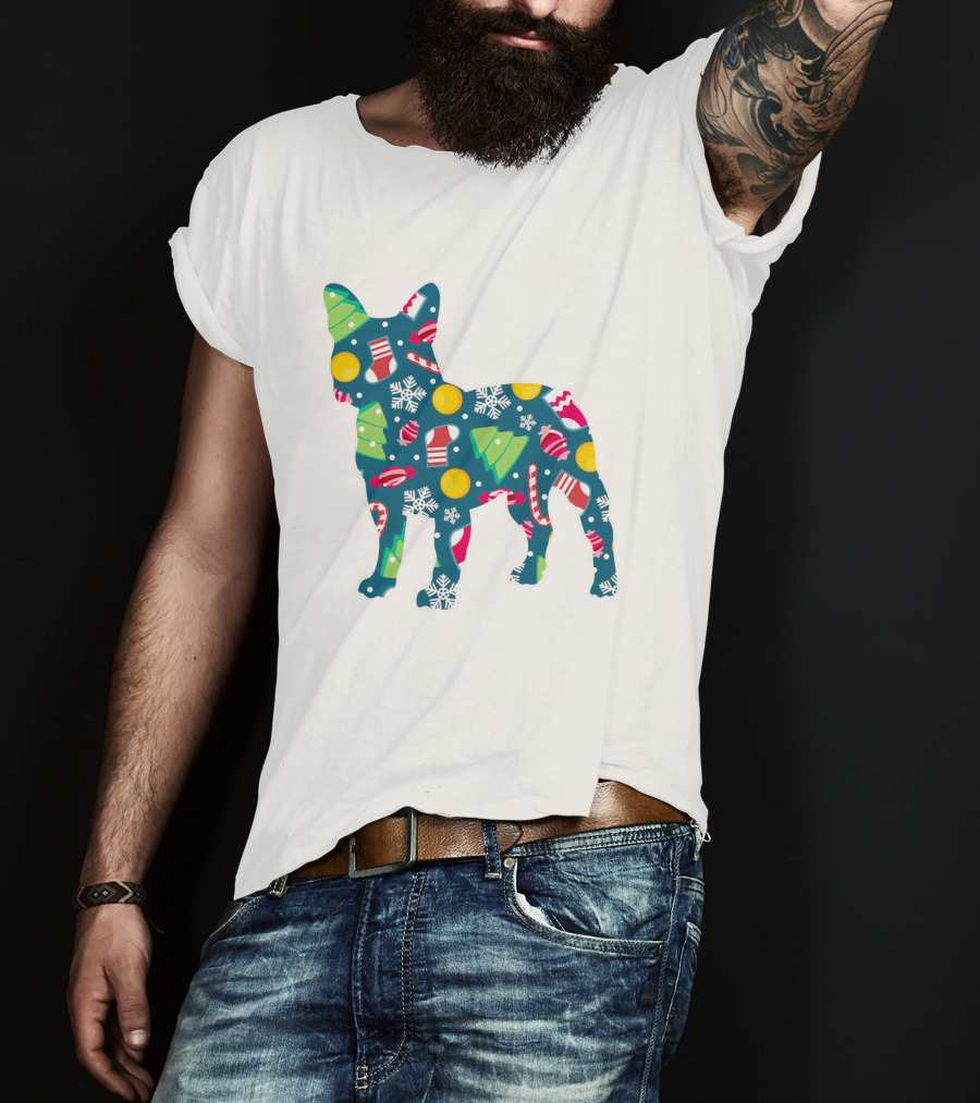 Dog Lover Christmas Frenchie Bulldog Pattern With Holiday Decorations T-Shirt