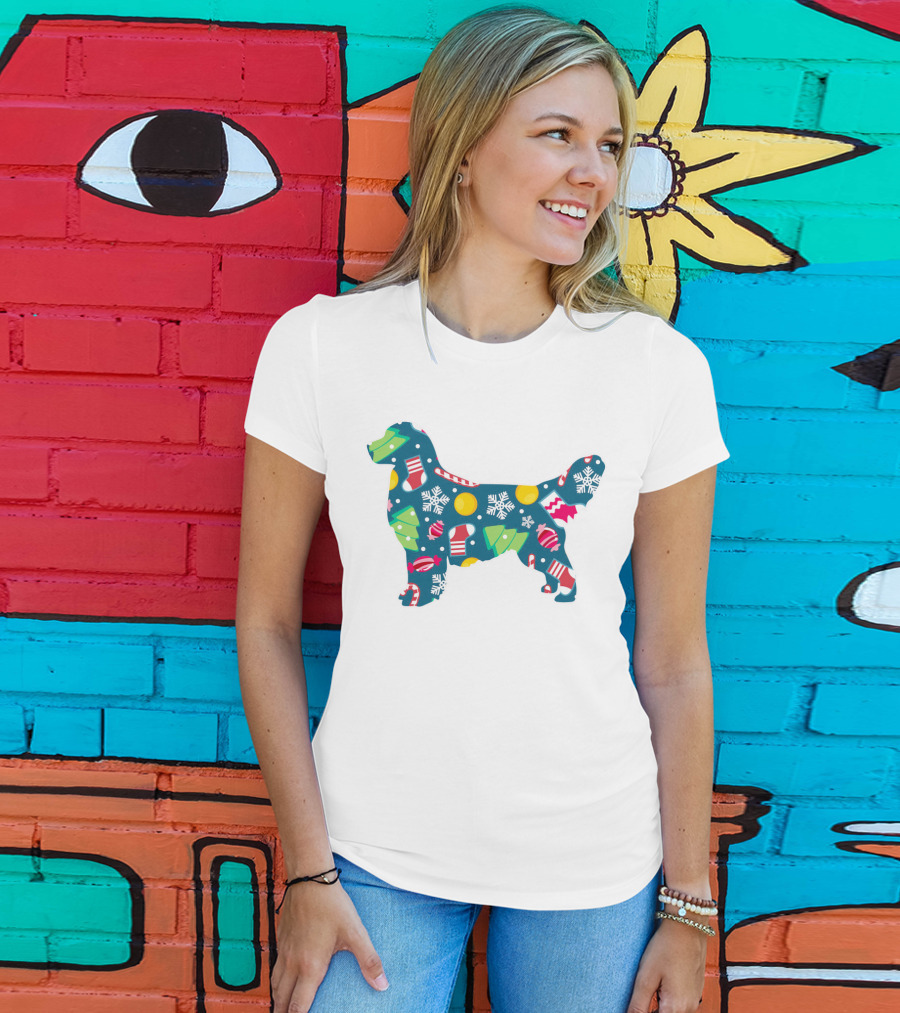 Golden Retriever Christmas Pattern With Snowflakes, Trees, Ornaments, And Stockings For Dog Lovers T-Shirt