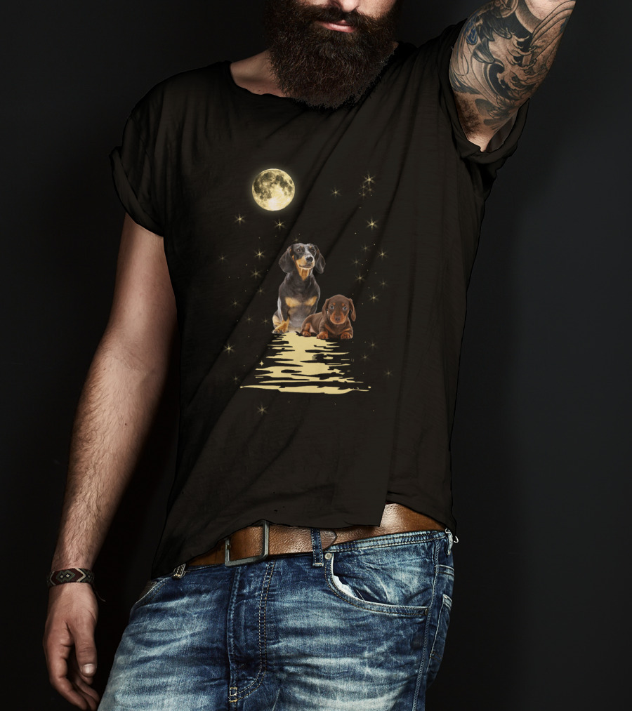 Dachshund Moonlight Reflections With Starry Night Sky T-Shirt