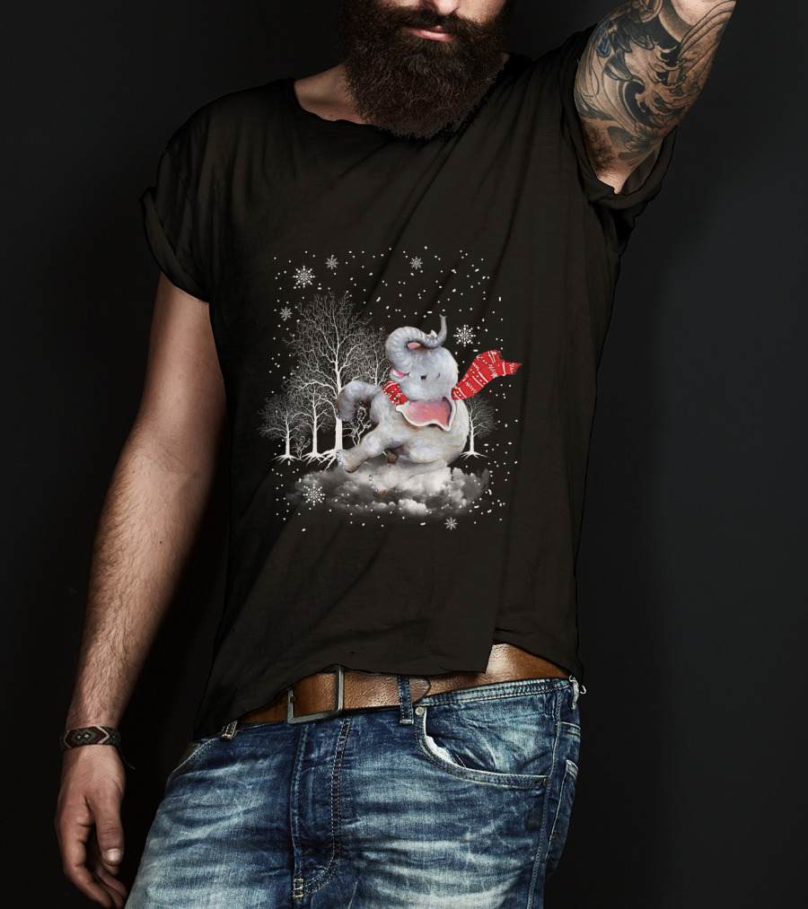 Elephant Christmas Snowflake Scarf Winter Forest Scene T-Shirt