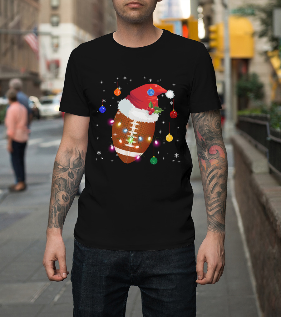 Christmas Football Santa Hat Ornaments Lights T-Shirt