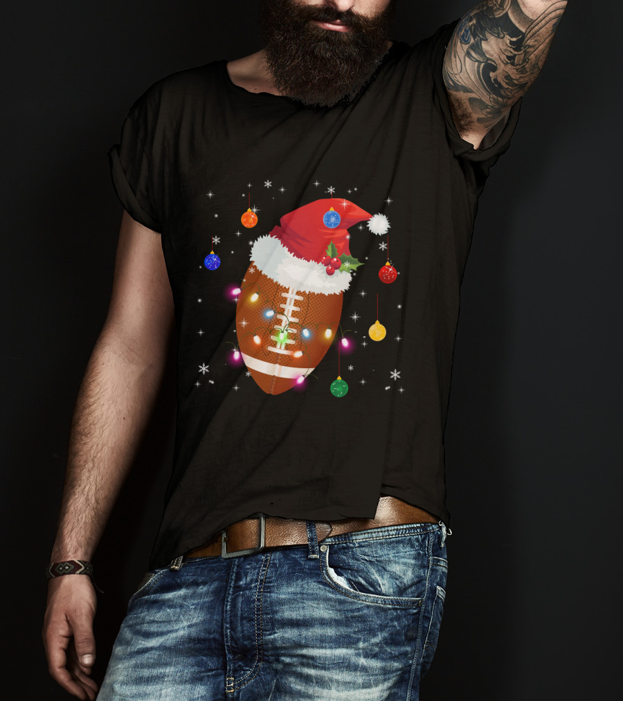 Christmas Football Santa Hat Ornaments Lights T-Shirt