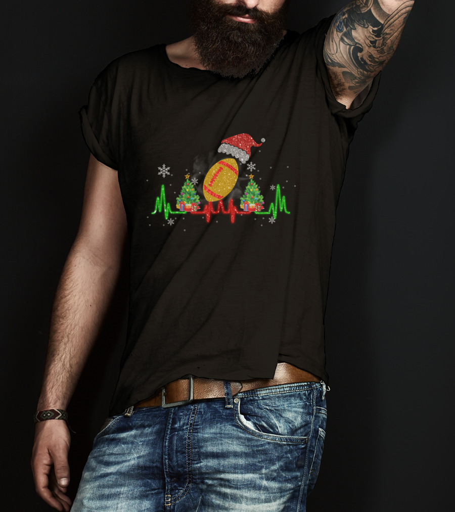 Christmas Football Heartbeat With Santa Hat And Trees T-Shirt
