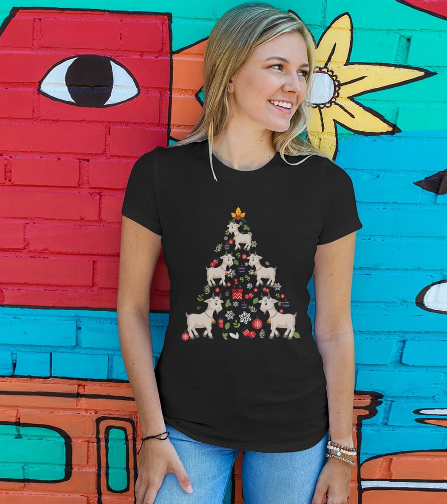 Goat Ornament Decor Christmas Tree With Snowflakes And Candy T-Shirt