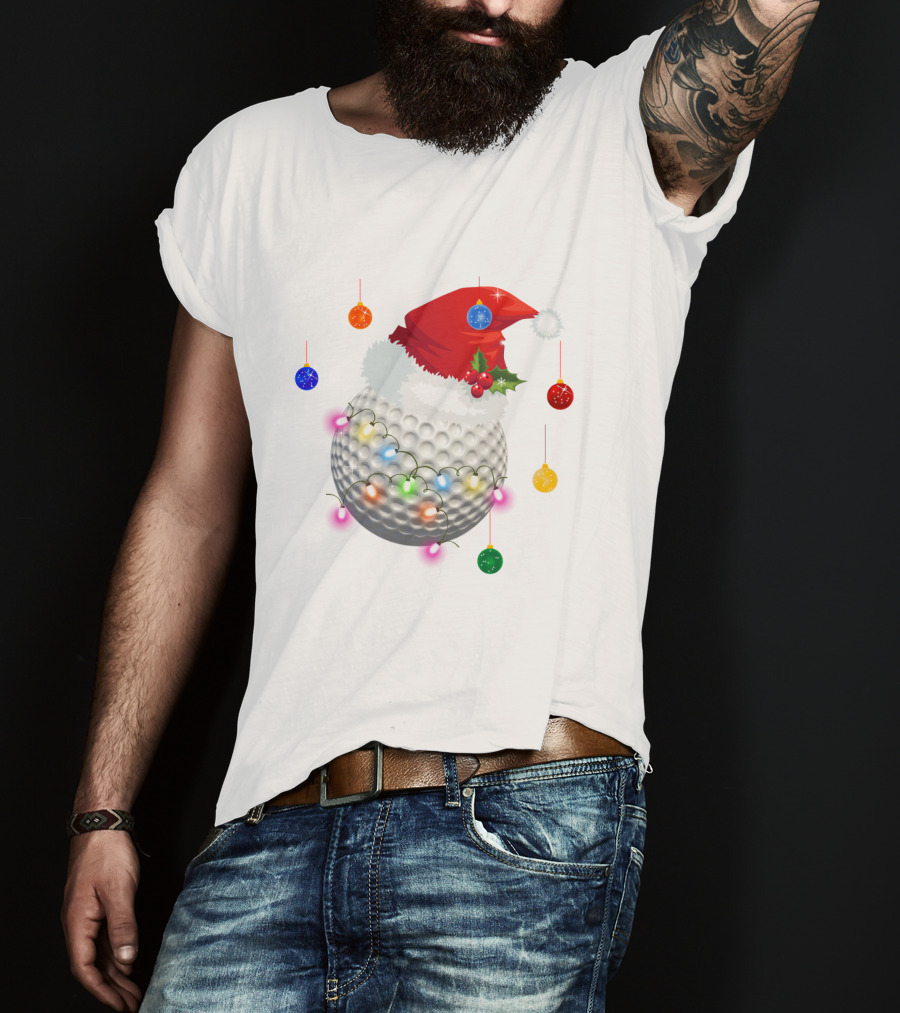 Christmas Golf Ball Santa Hat Holiday Lights T-Shirt