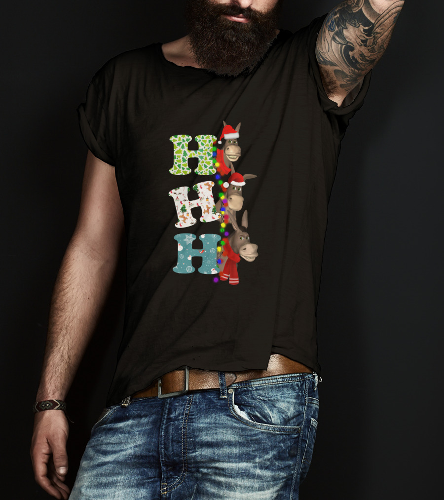 Hohoho Christmas Donkey With Santa Hats And Colorful Lights T-Shirt