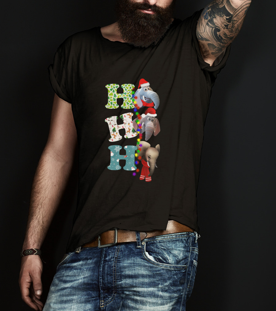 Ho Ho Ho Christmas Elephants Santa Hats And Holiday Lights T-Shirt
