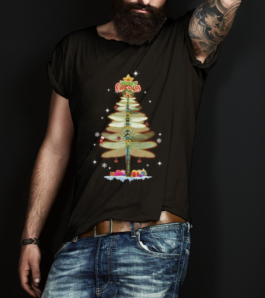 Merry Christmas Dragonfly Tree With Ornaments And Presents T-Shirt