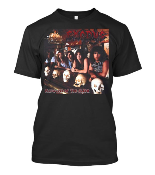 Exodus Pleasures Of The Flesh Album Cover With Band Members And Skulls T-Shirt